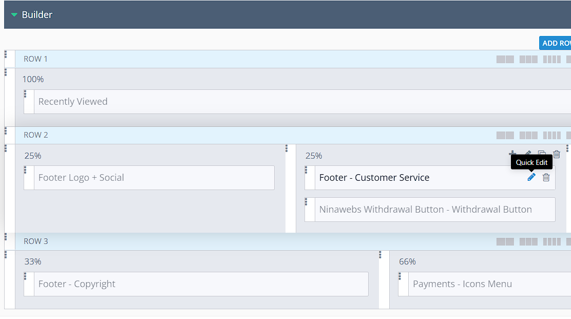 Footer Builder column with the Ninawebs Withdrawal Button module already added