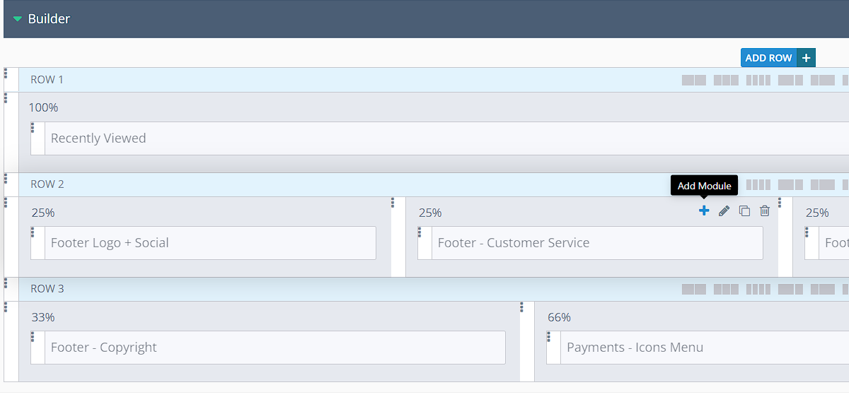 Journal Footer Builder with the Add Module button highlighted on the Footer - Customer Service column