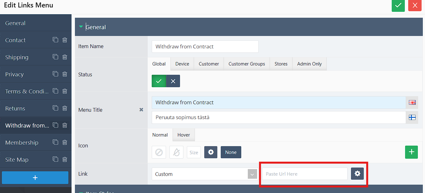 Edit Links Menu panel with Link type set to Custom and the URL field highlighted